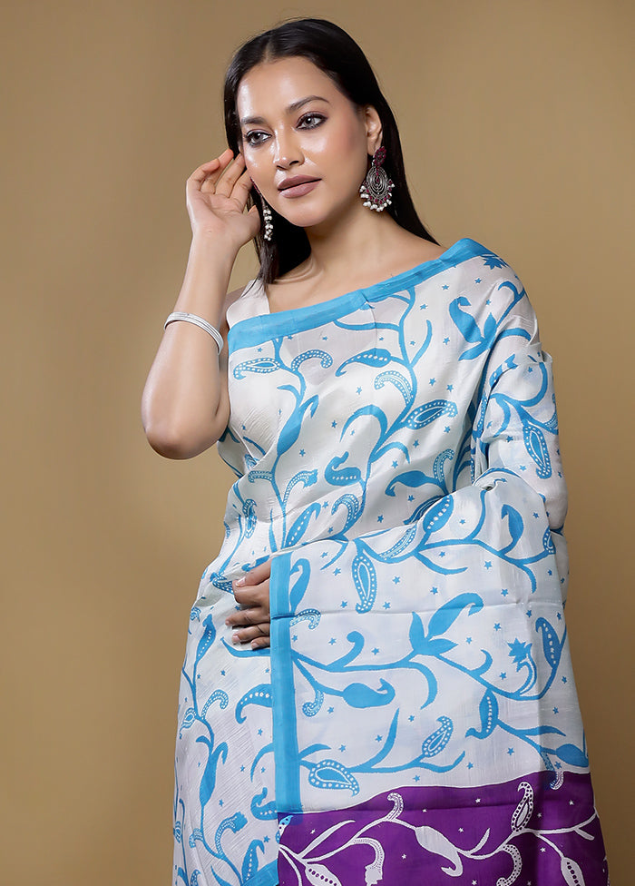 Cream Printed Pure Silk Saree Without Blouse Piece