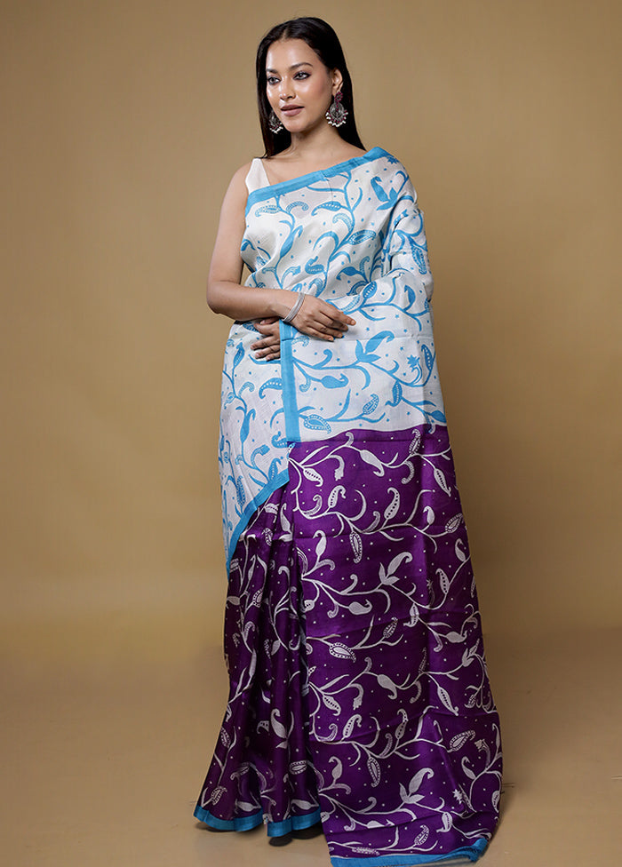 Cream Printed Pure Silk Saree Without Blouse Piece