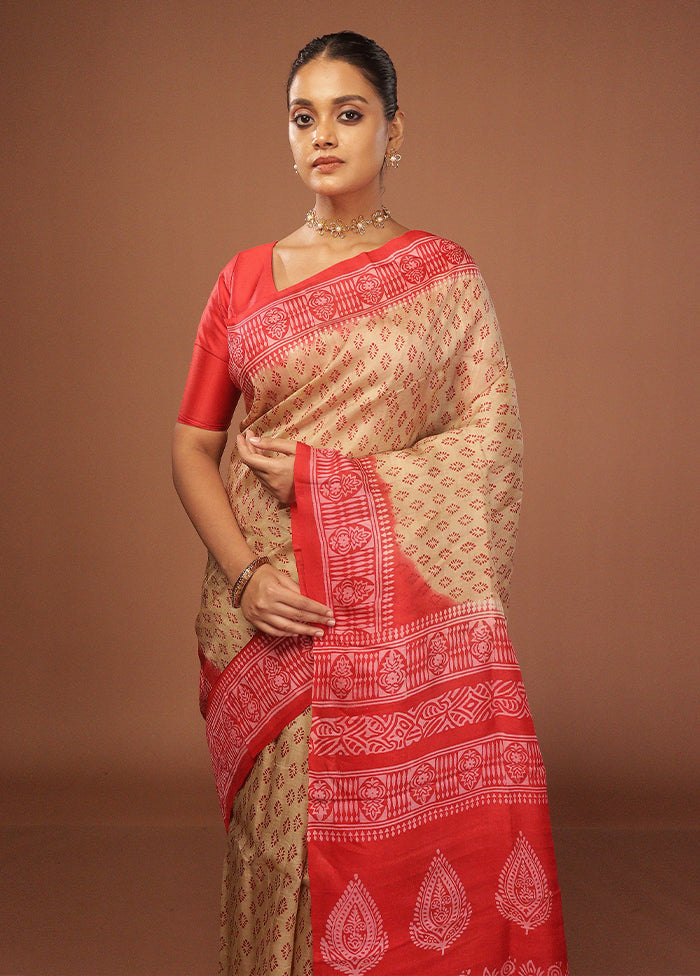Cream Printed Pure Silk Saree Without Blouse Piece