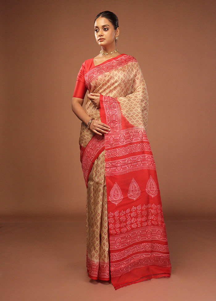 Cream Printed Pure Silk Saree Without Blouse Piece