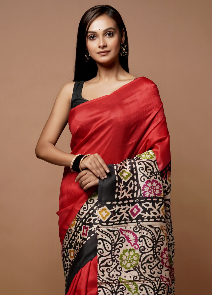 Red Printed Pure Silk Saree Without Blouse Piece