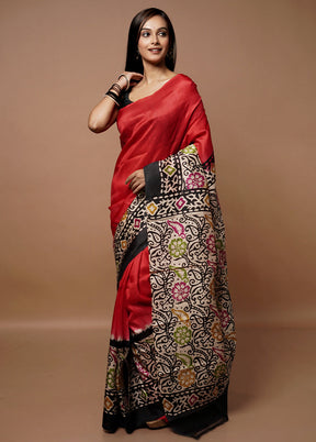 Red Printed Pure Silk Saree Without Blouse Piece