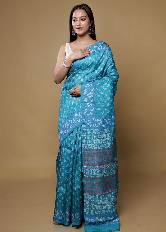 Green Printed Pure Silk Saree Without Blouse Piece