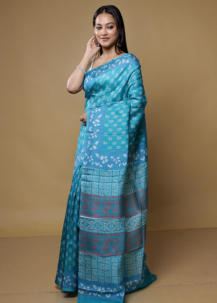 Green Printed Pure Silk Saree Without Blouse Piece