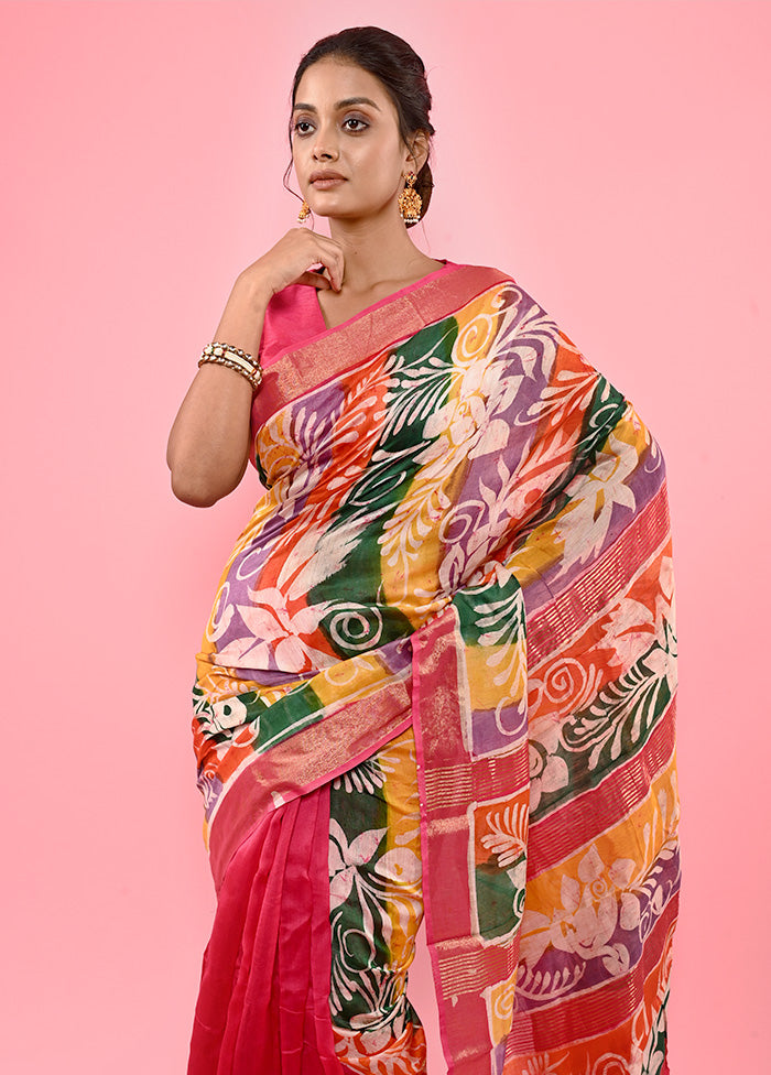 Pink Chanderi Cotton Saree With Blouse Piece - Indian Silk House Agencies