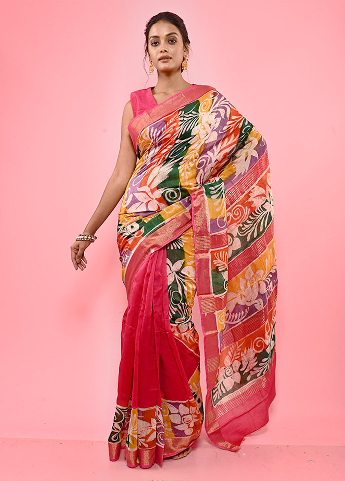 Pink Chanderi Cotton Saree With Blouse Piece - Indian Silk House Agencies