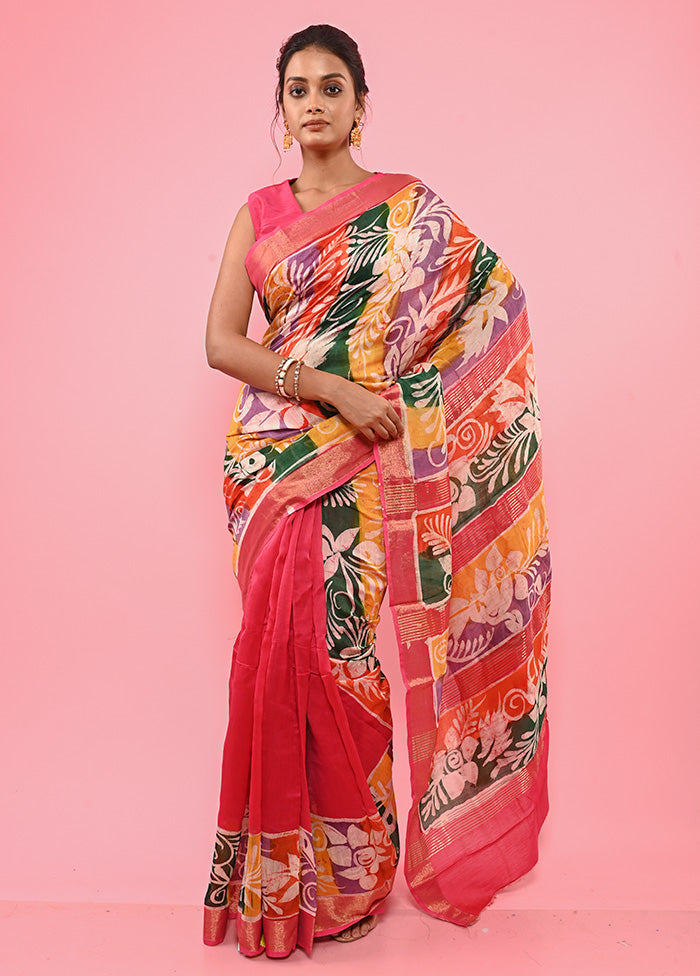 Pink Chanderi Cotton Saree With Blouse Piece - Indian Silk House Agencies