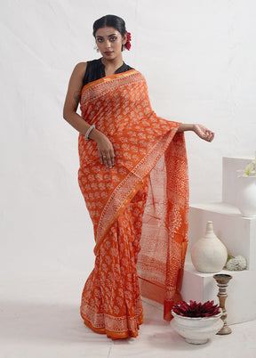 Orange Chanderi Cotton Saree With Blouse Piece - Indian Silk House Agencies