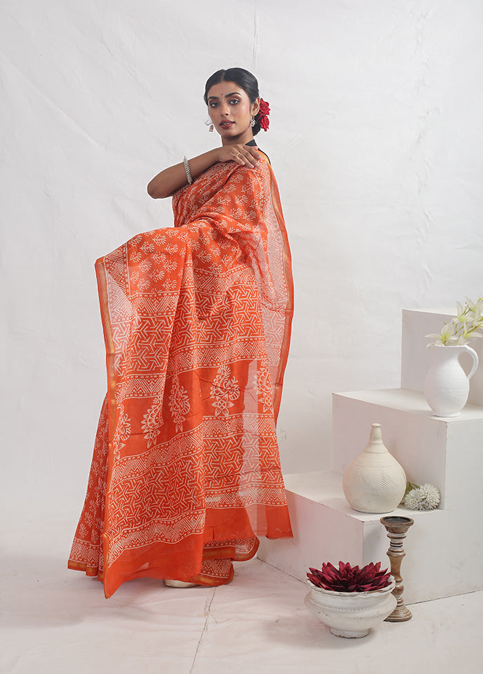 Orange Chanderi Cotton Saree With Blouse Piece - Indian Silk House Agencies