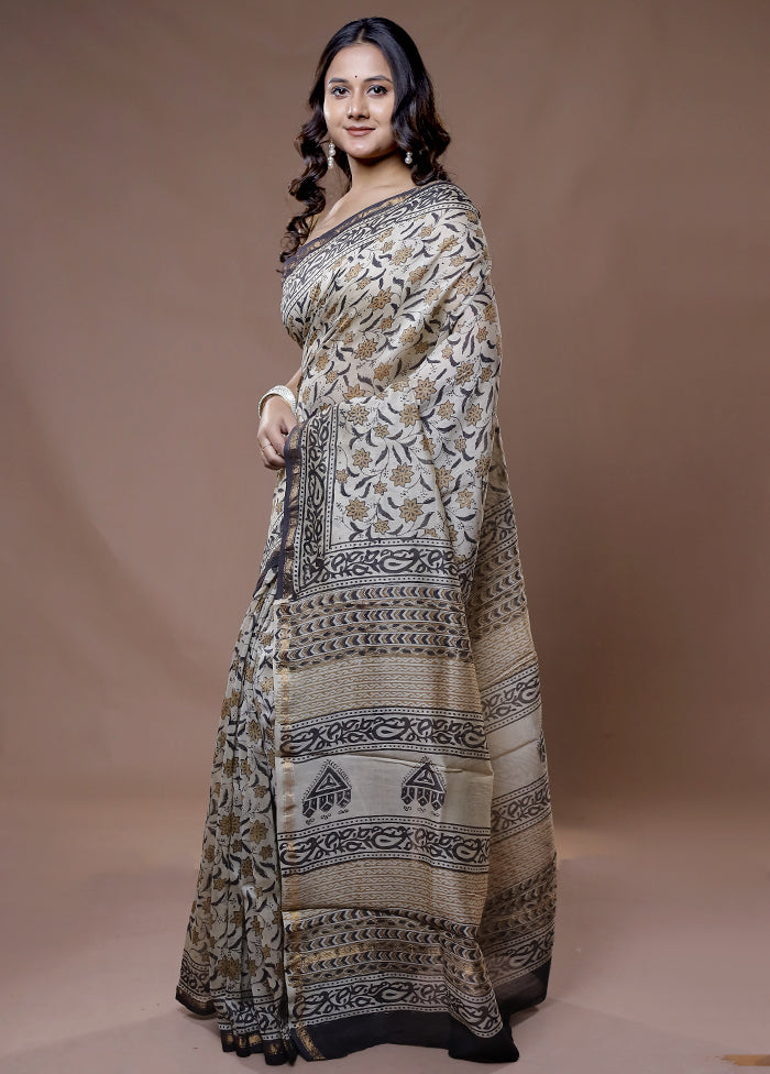 Cream Chanderi Cotton Saree With Blouse Piece - Indian Silk House Agencies