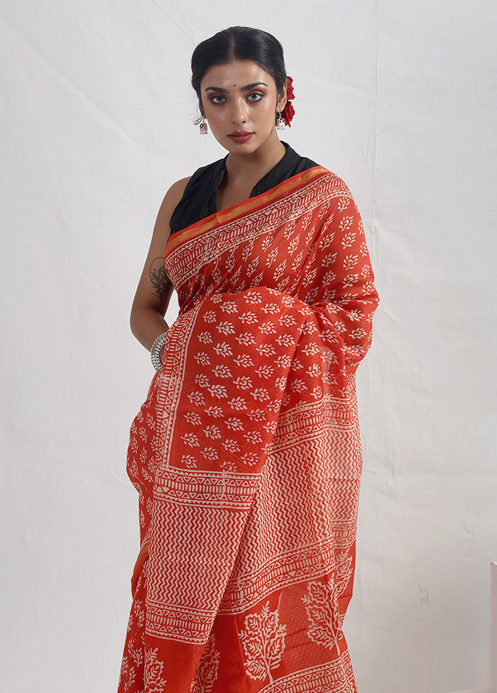 Orange Chanderi Cotton Saree With Blouse Piece - Indian Silk House Agencies