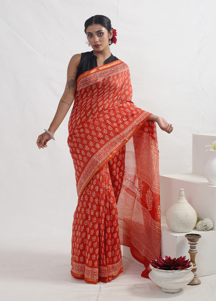 Orange Chanderi Cotton Saree With Blouse Piece - Indian Silk House Agencies