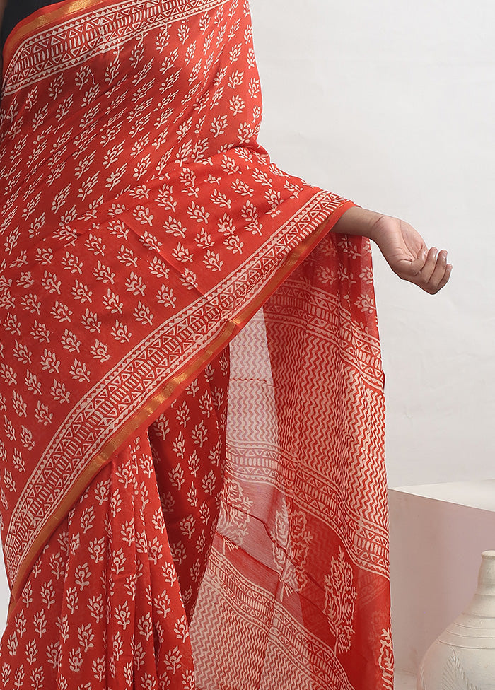 Orange Chanderi Cotton Saree With Blouse Piece - Indian Silk House Agencies