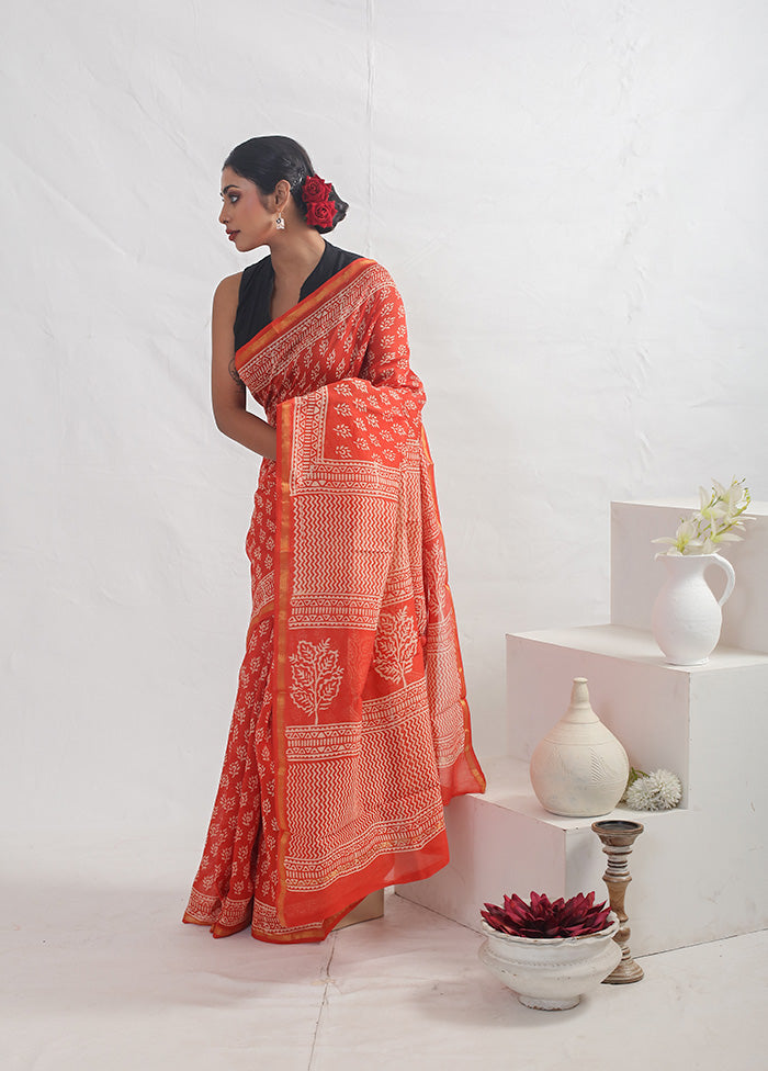 Orange Chanderi Cotton Saree With Blouse Piece - Indian Silk House Agencies