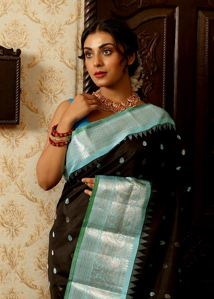 Black Pure Gadwal Silk Saree Without Blouse Piece - Indian Silk House Agencies