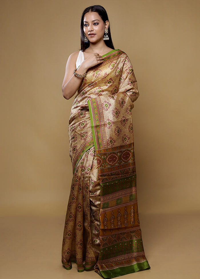 Cream Printed Pure Silk Saree Without Blouse Piece