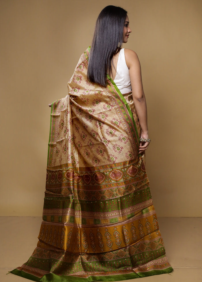 Cream Printed Pure Silk Saree Without Blouse Piece