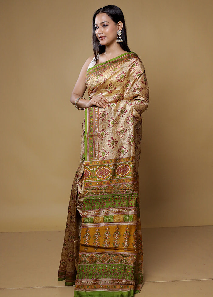 Cream Printed Pure Silk Saree Without Blouse Piece