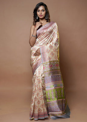 Cream Printed Pure Silk Saree Without Blouse Piece