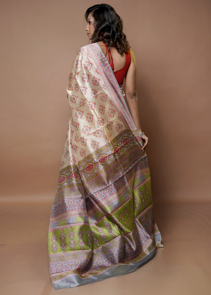 Cream Printed Pure Silk Saree Without Blouse Piece