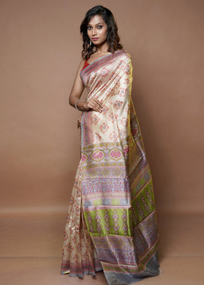 Cream Printed Pure Silk Saree Without Blouse Piece