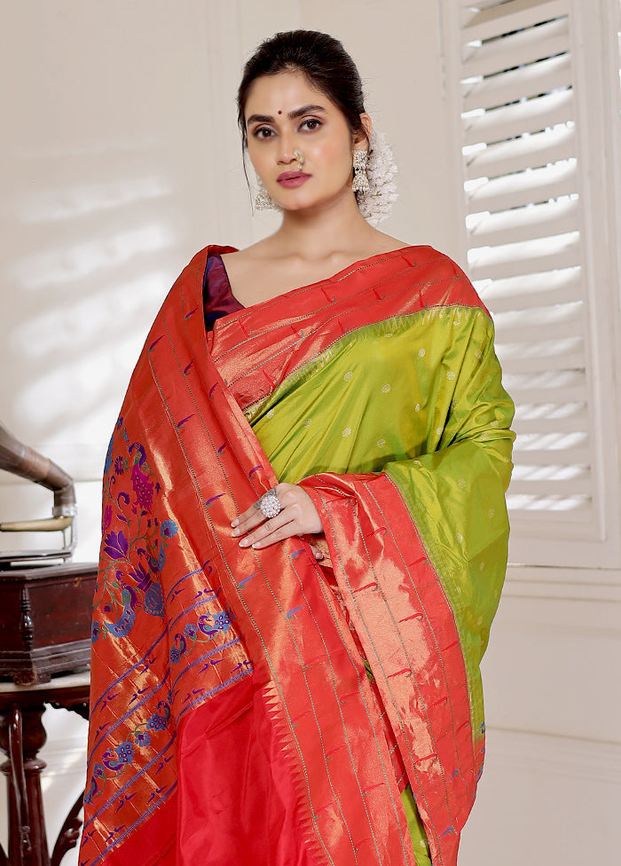 Green Paithani Pure Silk Saree With Blouse Piece - Indian Silk House Agencies