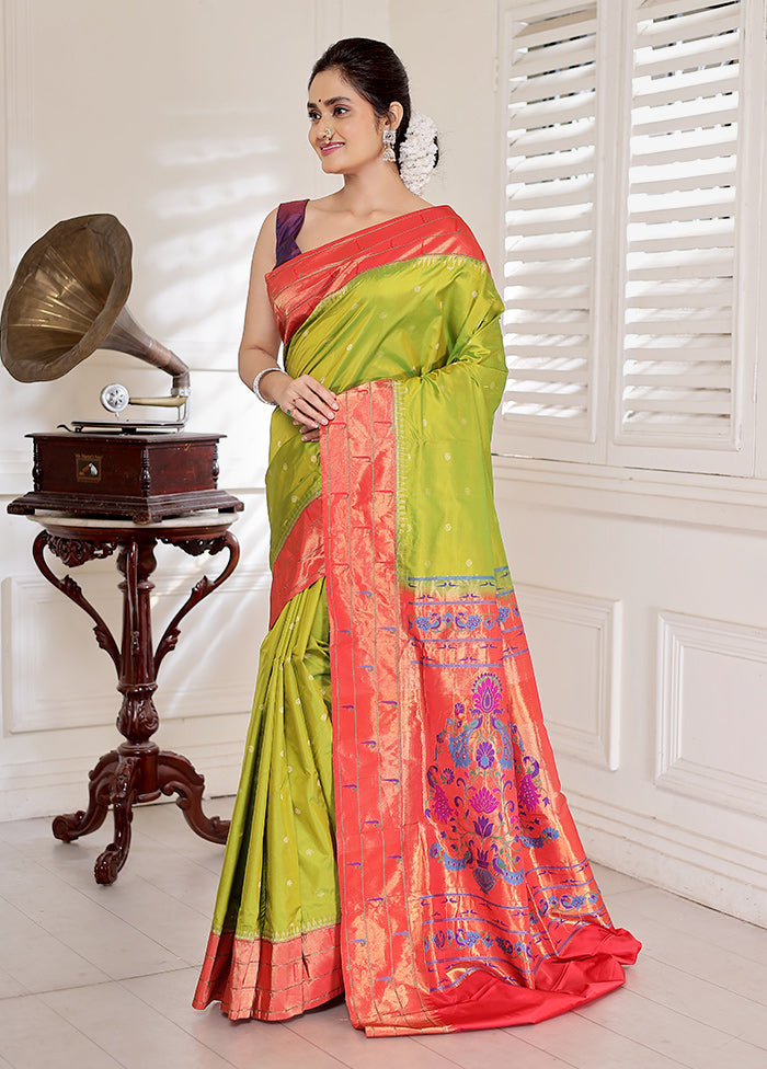 Green Paithani Pure Silk Saree With Blouse Piece - Indian Silk House Agencies