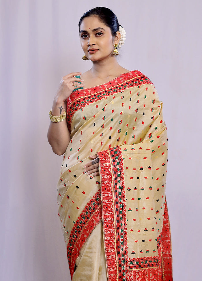 Cream Assam Pure Silk Saree With Blouse Piece - Indian Silk House Agencies