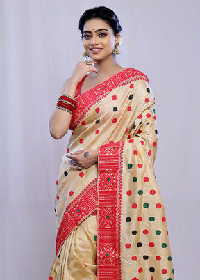 Cream Assam Pure Silk Saree With Blouse Piece - Indian Silk House Agencies