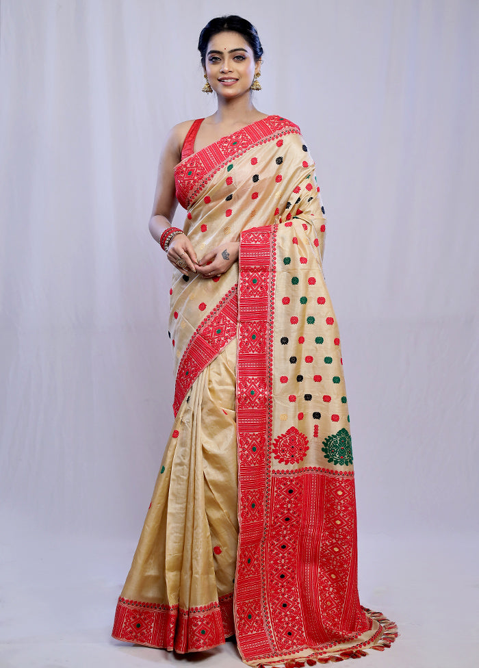 Cream Assam Pure Silk Saree With Blouse Piece - Indian Silk House Agencies