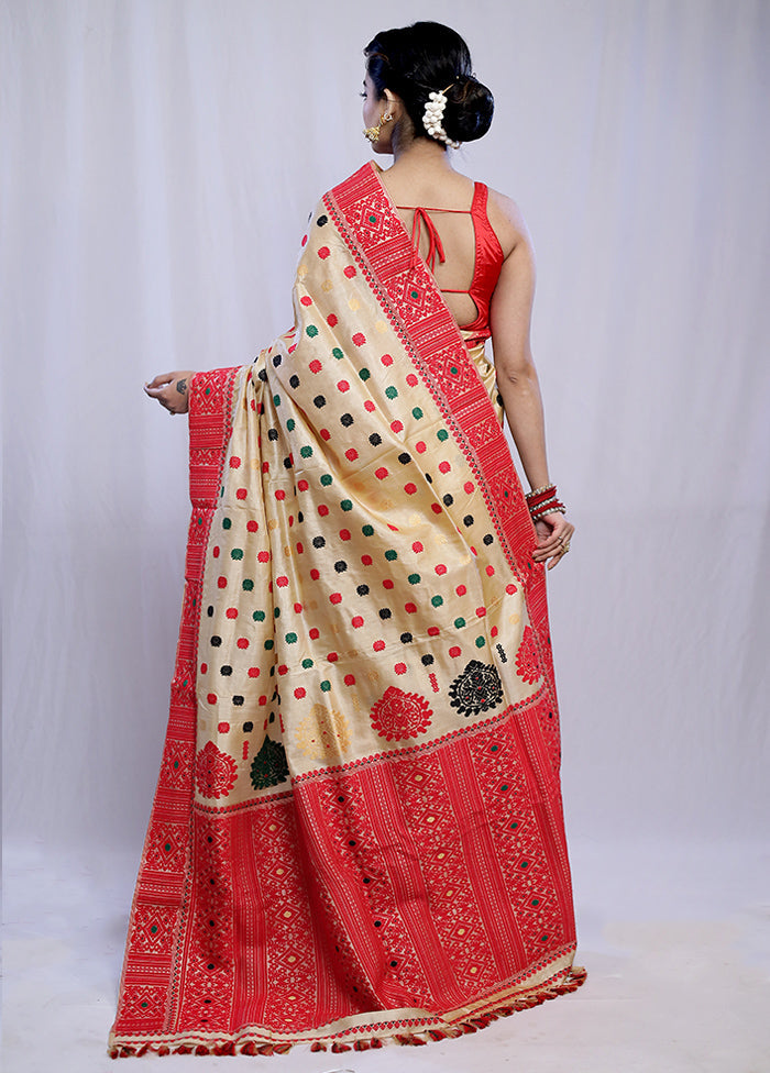 Cream Assam Pure Silk Saree With Blouse Piece - Indian Silk House Agencies