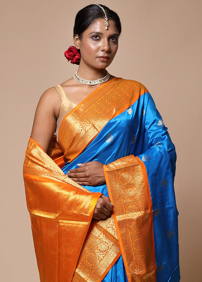 Blue Handloom Kanjivaram Pure Silk Saree With Blouse Piece