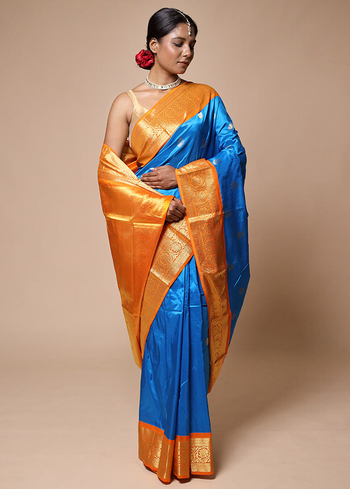 Blue Handloom Kanjivaram Pure Silk Saree With Blouse Piece