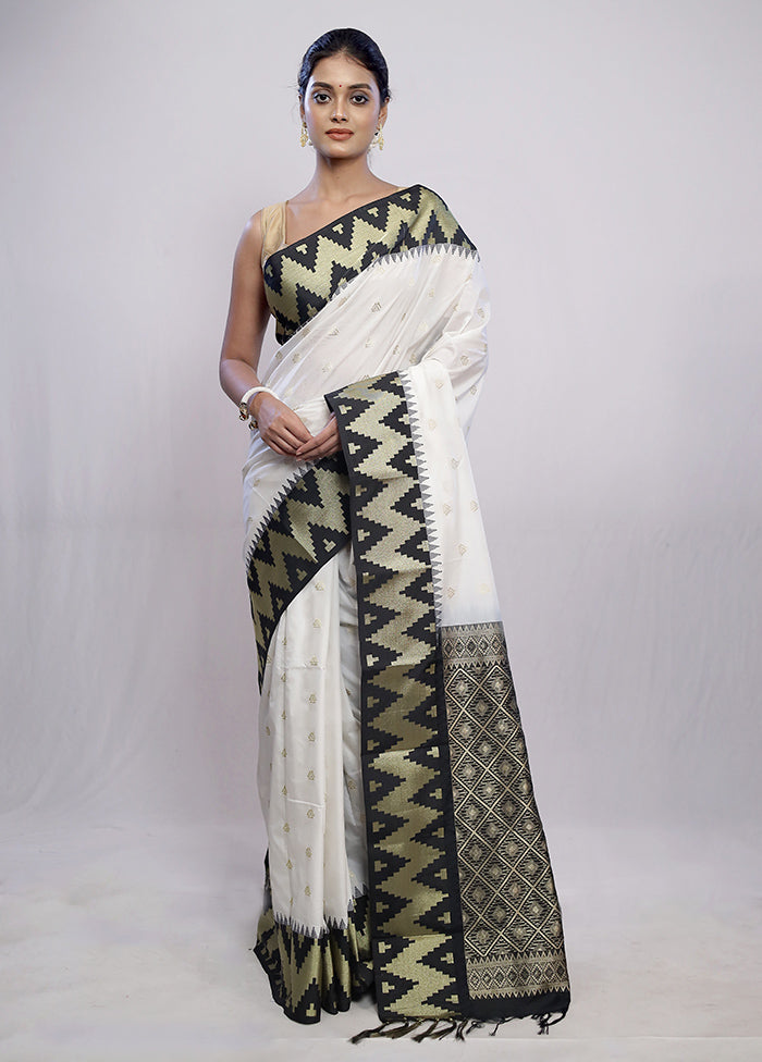 White Kanjivaram Silk Saree With Blouse Piece - Indian Silk House Agencies