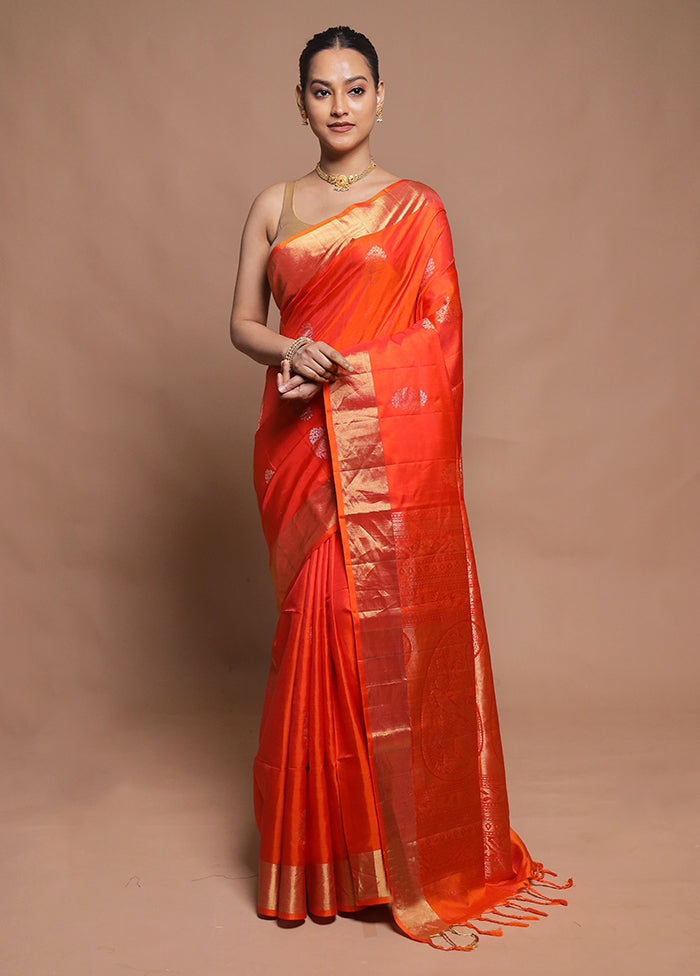 Orange Handloom Kanjivaram Pure Silk Saree With Blouse Piece