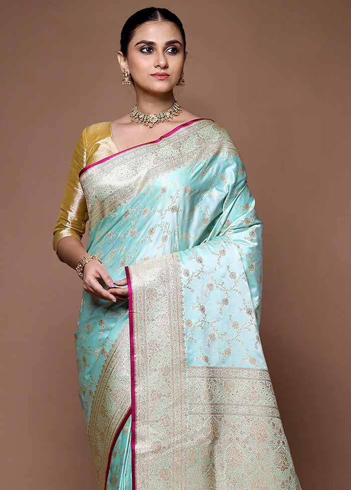 Blue Banarasi Silk Saree With Blouse Piece