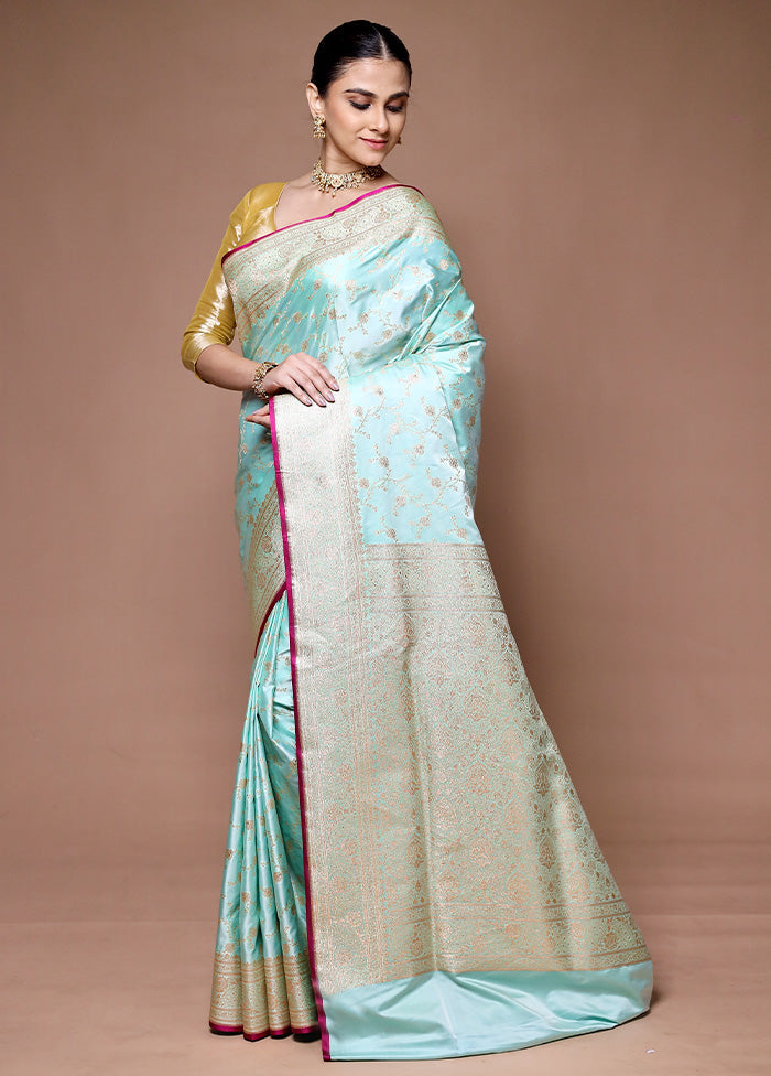 Blue Banarasi Silk Saree With Blouse Piece