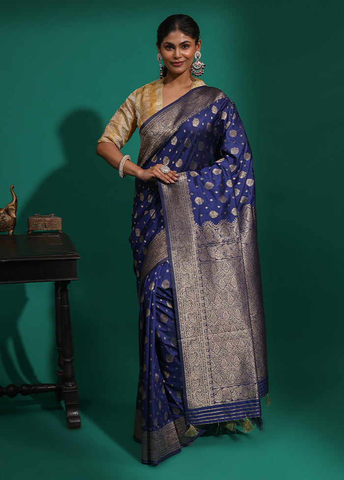 Blue Dupion Silk Saree With Blouse Piece