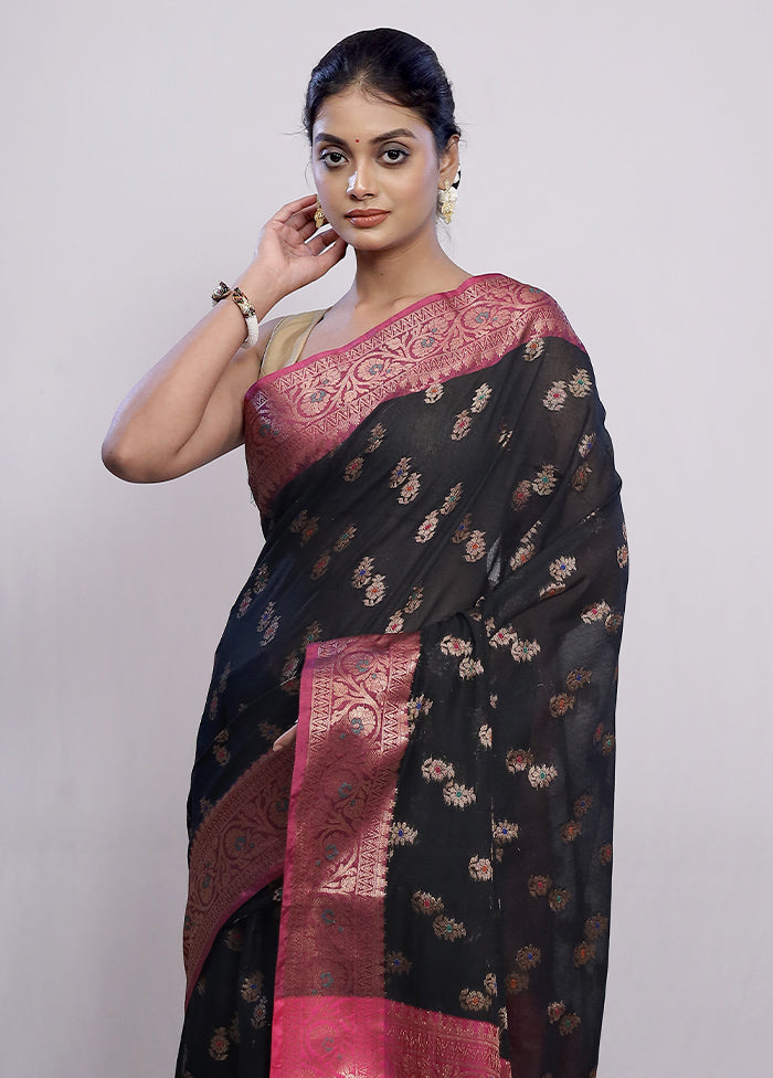 Black Dupion Silk Saree With Blouse Piece - Indian Silk House Agencies