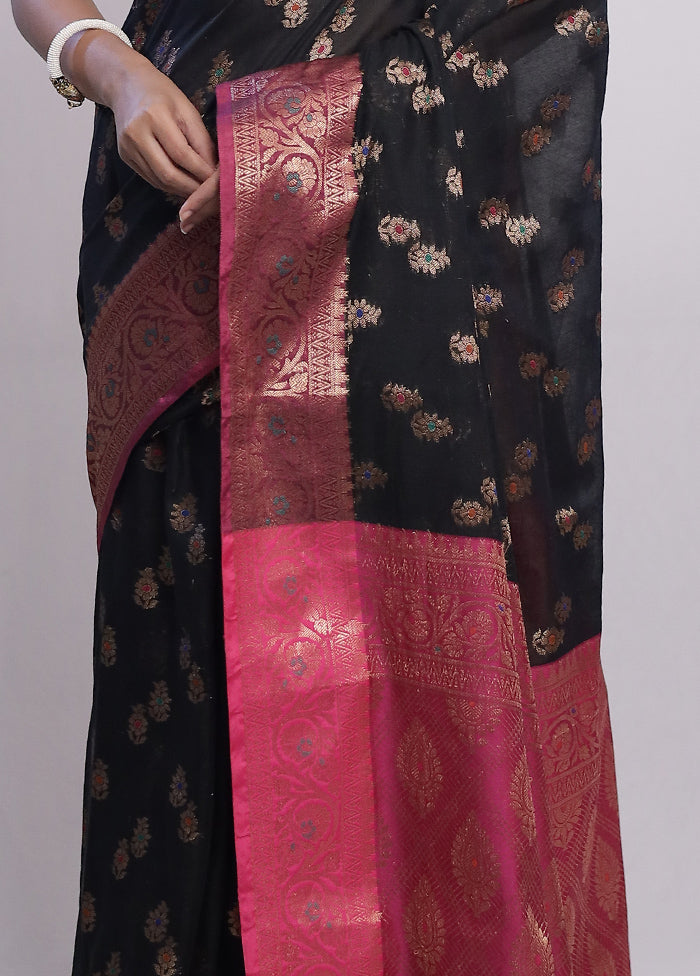 Black Dupion Silk Saree With Blouse Piece - Indian Silk House Agencies