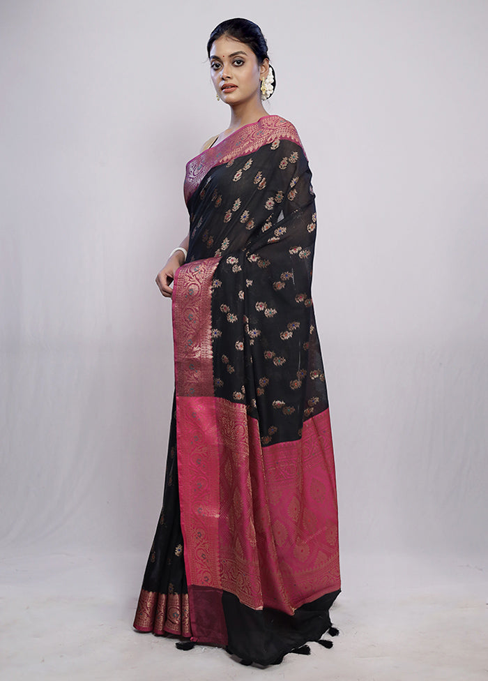 Black Dupion Silk Saree With Blouse Piece - Indian Silk House Agencies