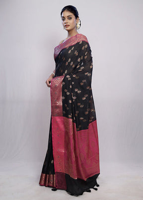 Black Dupion Silk Saree With Blouse Piece - Indian Silk House Agencies