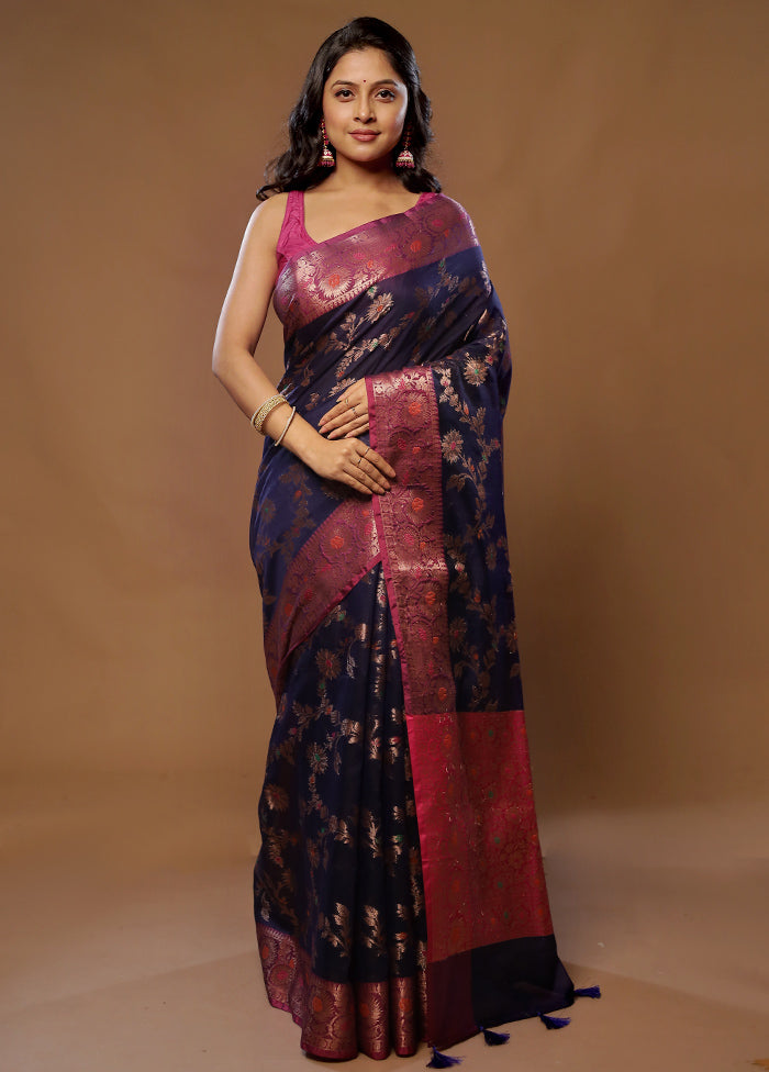 Blue Dupion Silk Saree With Blouse Piece - Indian Silk House Agencies