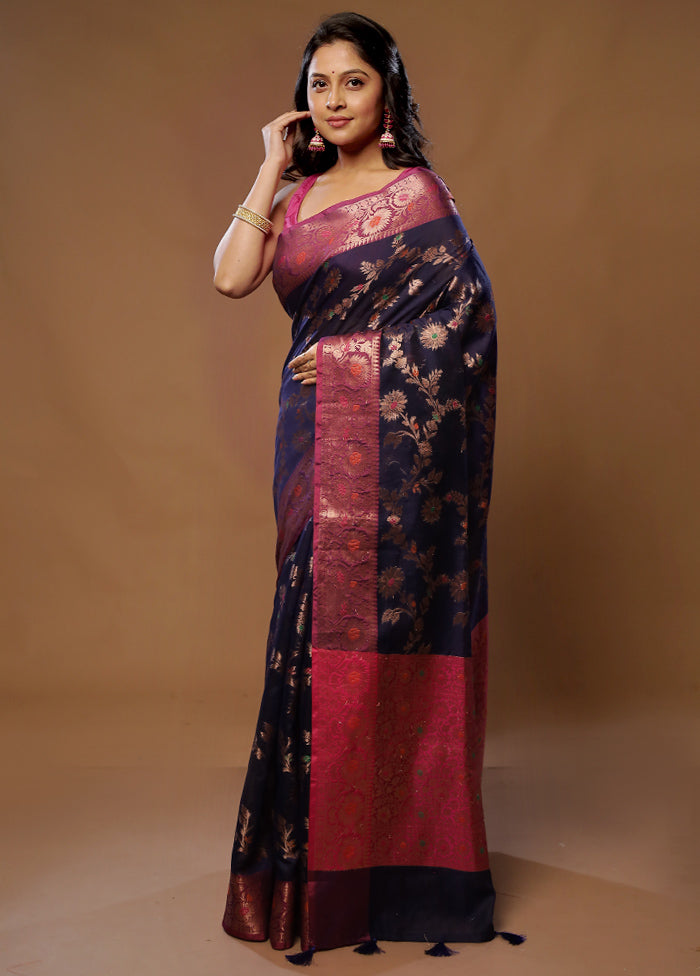 Blue Dupion Silk Saree With Blouse Piece - Indian Silk House Agencies