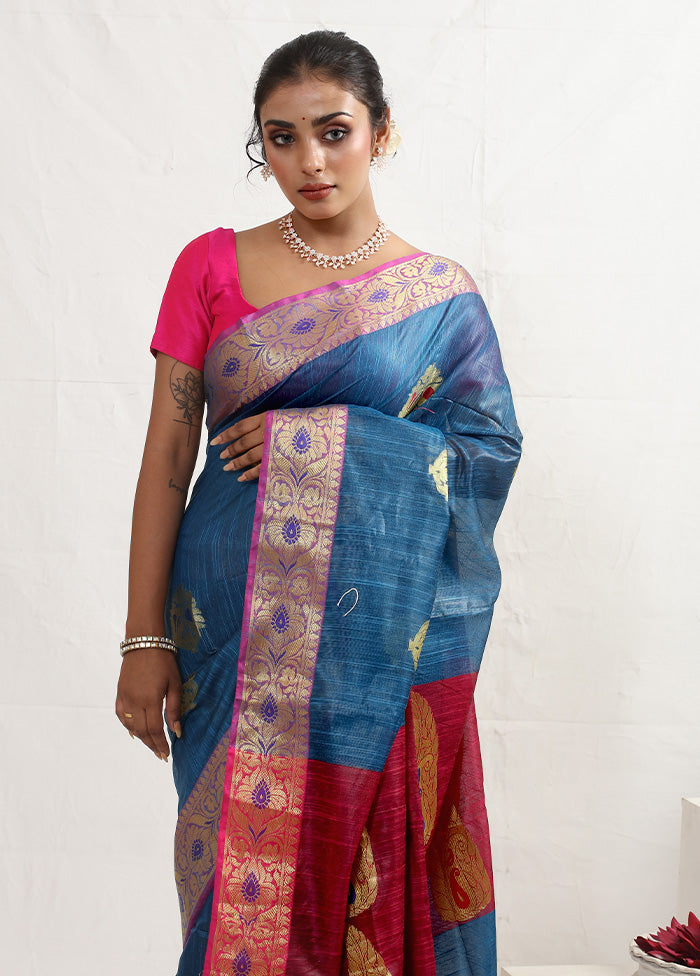 Blue Dupion Silk Saree With Blouse Piece - Indian Silk House Agencies