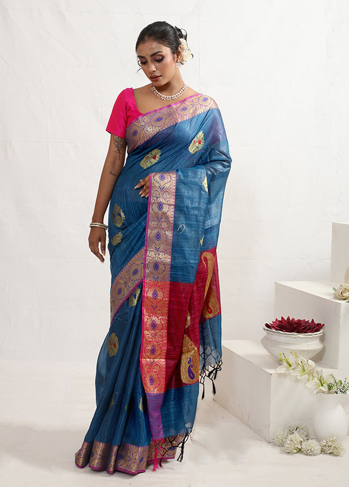 Blue Dupion Silk Saree With Blouse Piece - Indian Silk House Agencies