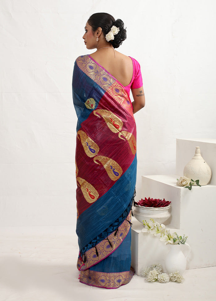 Blue Dupion Silk Saree With Blouse Piece - Indian Silk House Agencies