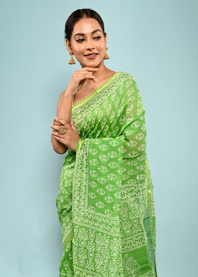 Green Chanderi Cotton Saree With Blouse Piece - Indian Silk House Agencies