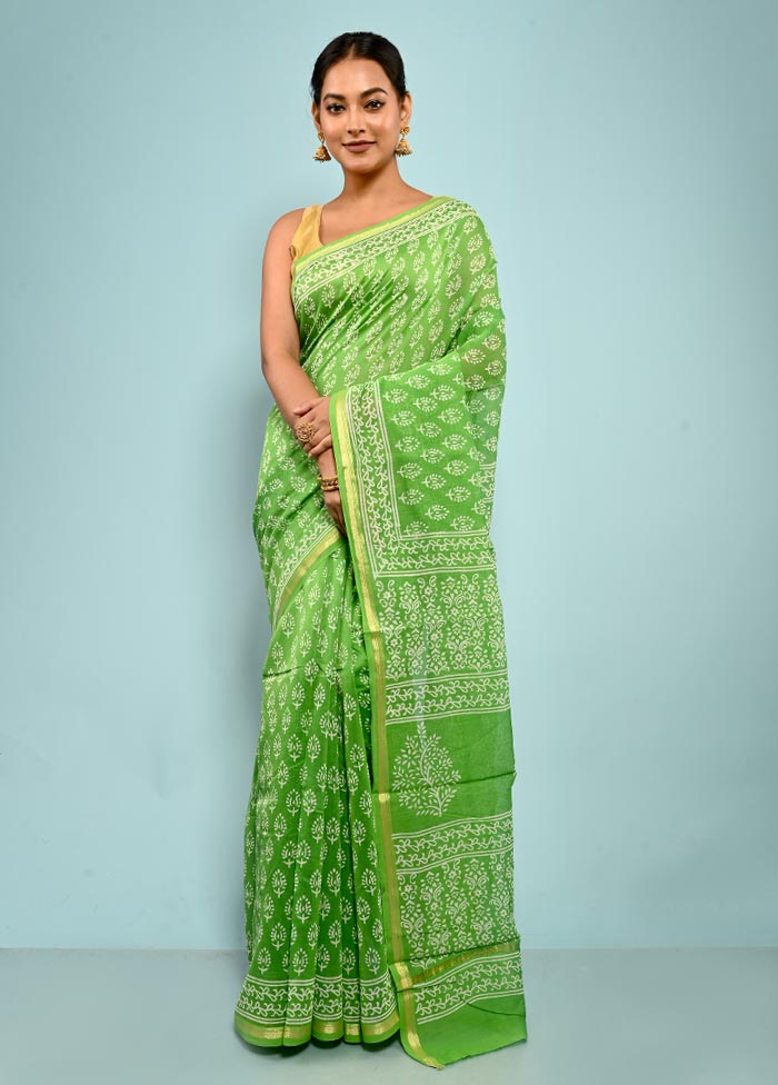 Green Chanderi Cotton Saree With Blouse Piece - Indian Silk House Agencies