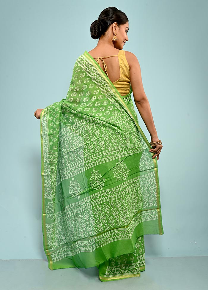 Green Chanderi Cotton Saree With Blouse Piece - Indian Silk House Agencies